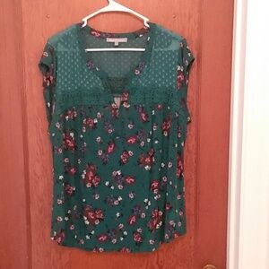 EUC danielrainn Green, Floral Design, Lace, Cap Sleeves, Sz XL